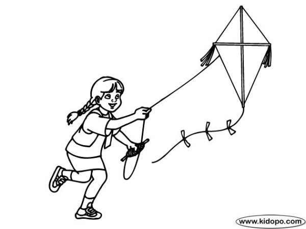 Раскраска девочка с воздушным змеем