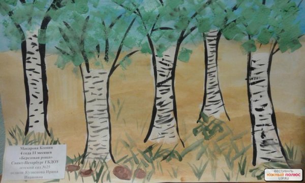 Пейзаж с березами карандашом