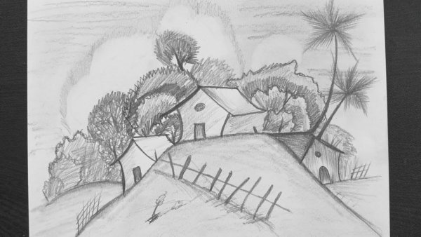 Пейзаж деревенский карандашом легкий
