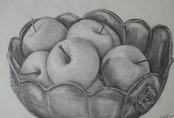 Натюрморт корзина с фруктами карандашом