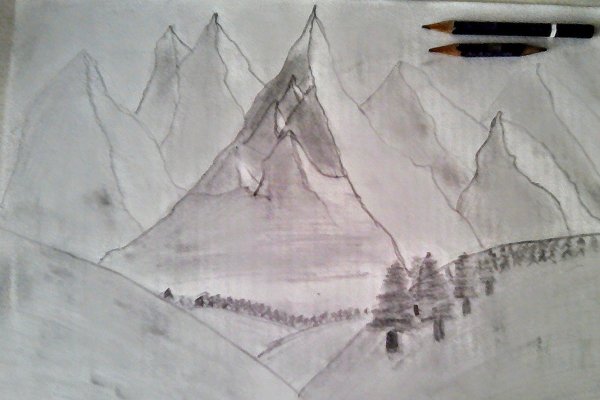 Горный пейзаж карандашом цветными