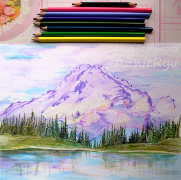 Горы цветными карандашами