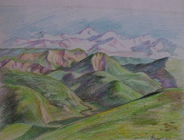 Пейзаж горы цветными карандашами