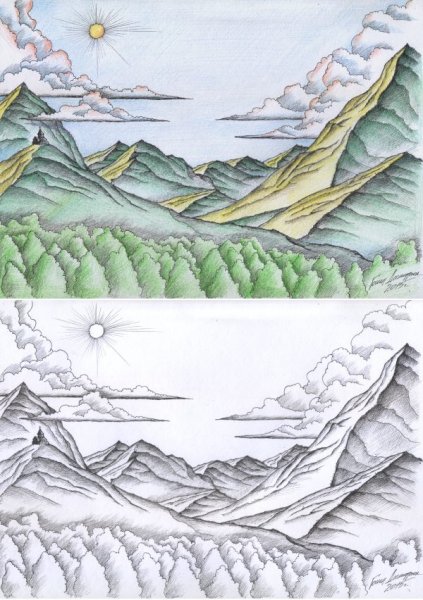 Горы цветными карандашами