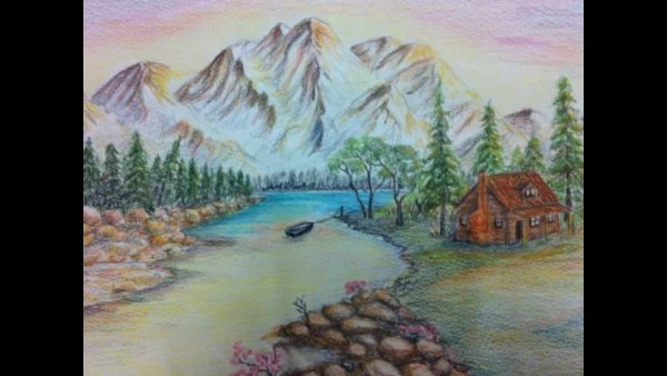 Пейзаж горы цветными карандашами