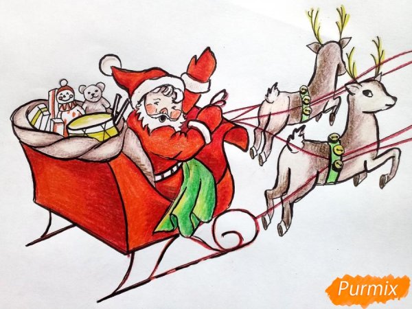 Дед Мороз на санках раскраска