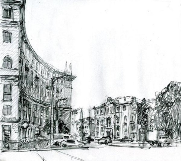 Панорамный городской пейзаж карандашом