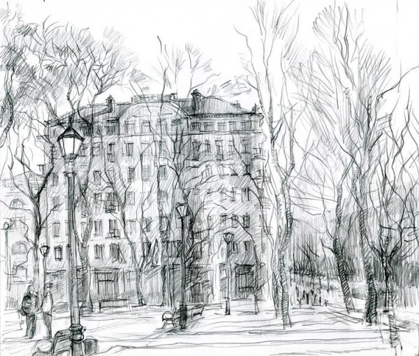 Зимний городской пейзаж карандашом