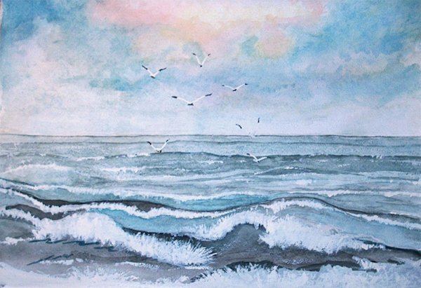 Морской пейзаж цветными карандашами
