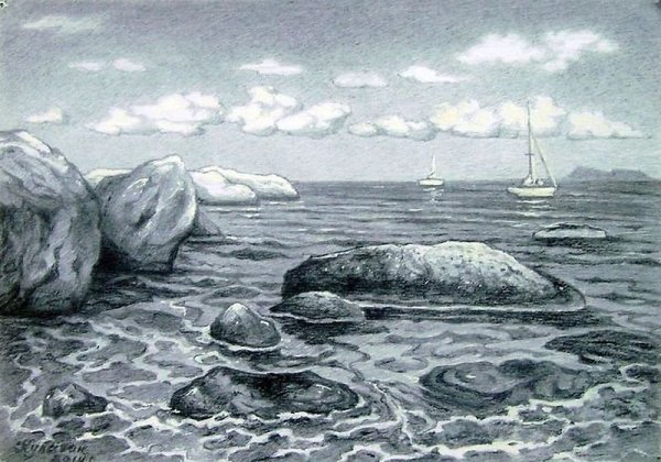 Морской пейзаж в графике