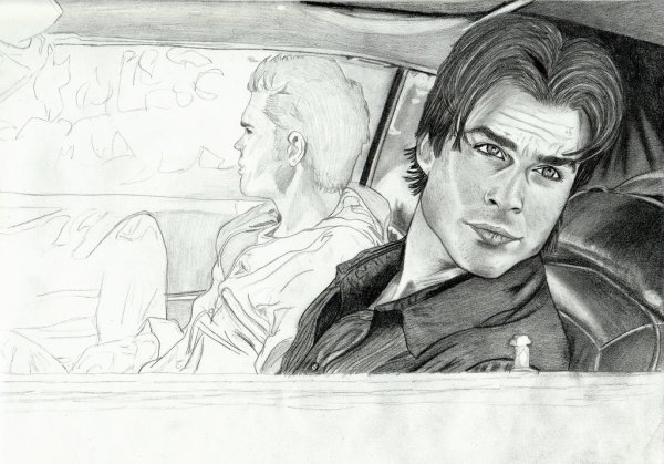 Портрет Деймона Сальваторе карандашом