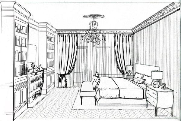 Интерьер гостиной карандашом