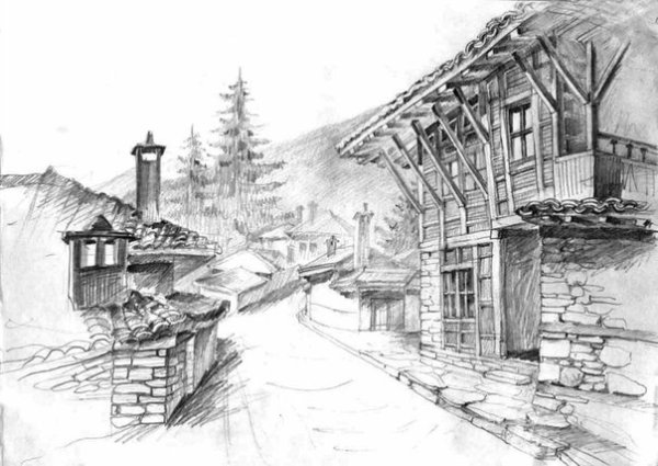 Домик в горах карандашом