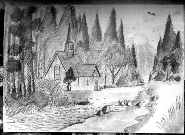 Домик в лесу карандашом