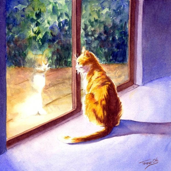 Кот на подоконнике живопись