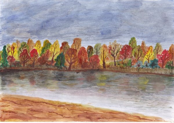 Пейзаж осени цветными карандашами