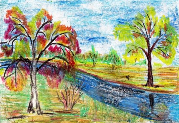 Осенний пейзаж цветными карандашами