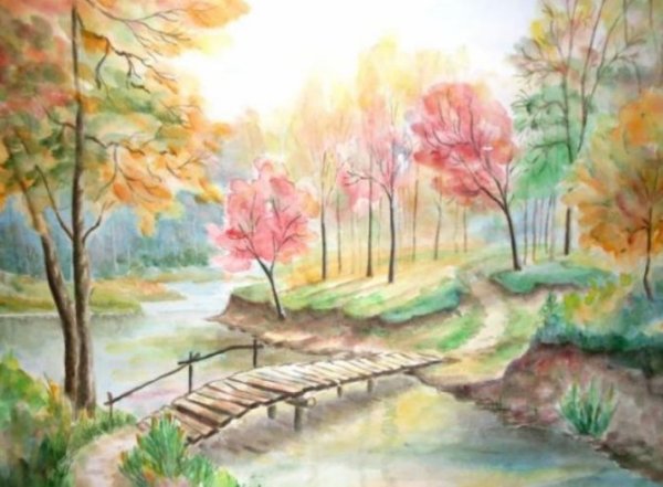 Осенний пейзаж акварельными карандашами