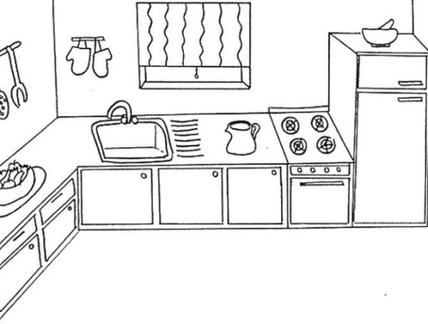 Раскраска кухня с мебелью