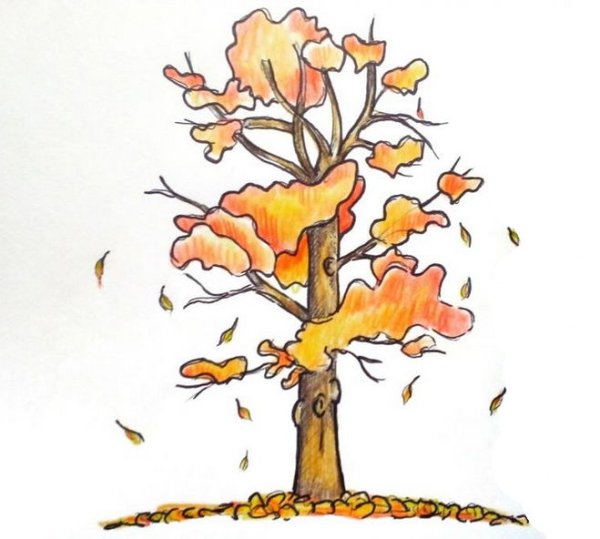 Осеннее дерево цветными карандашами