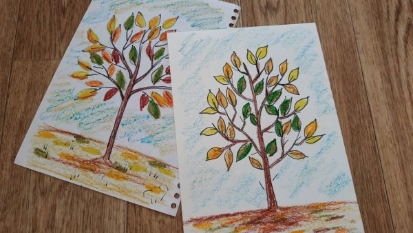 Осеннее дерево цветными карандашами