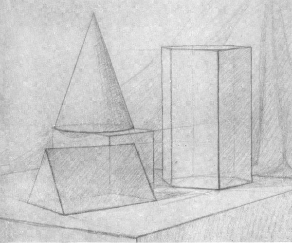 Натюрморт из геометрических форм (куб, конус, шар), Графика.