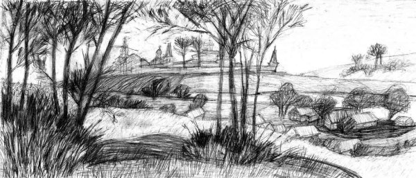 Церковь пейзаж эскиз для выжигания