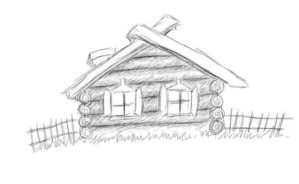 Деревенский дом черно белый рисунок