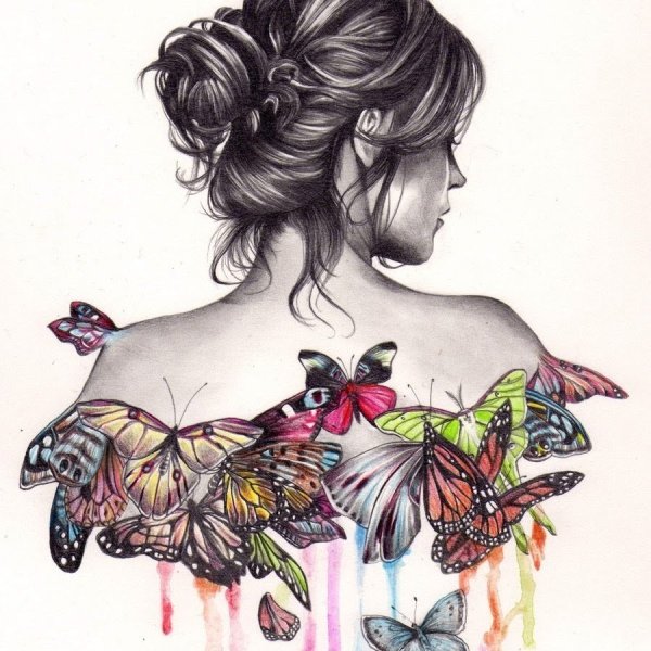 Девушка с бабочками карандашом