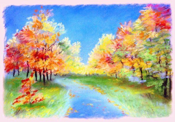 Пейзаж осени цветными карандашами