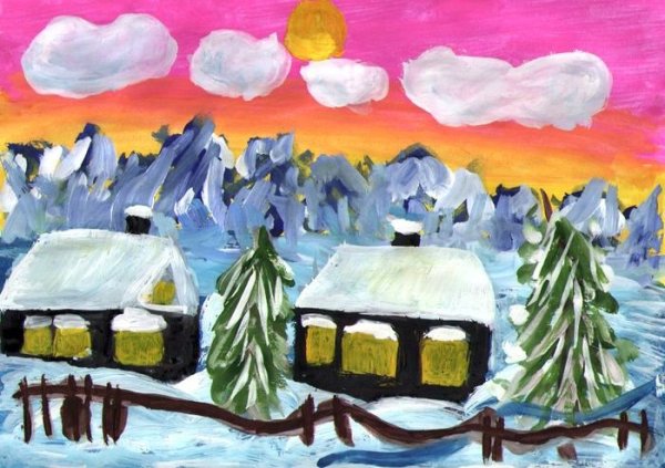 Зимний пейзаж карандашом