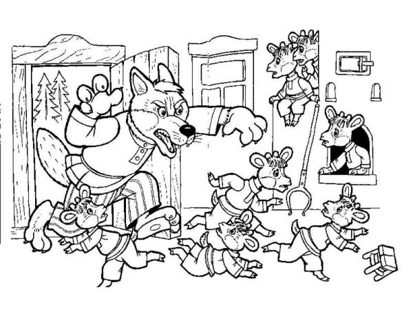Сказка 7 козлят и волк раскраска