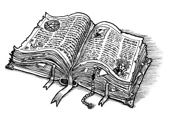 Раскрытая книга черно-белый рисунок