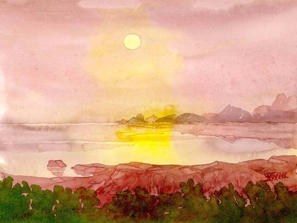 Восход солнца акварелью