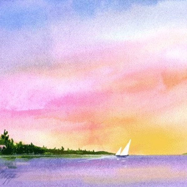 Пейзаж с радугой акварелью