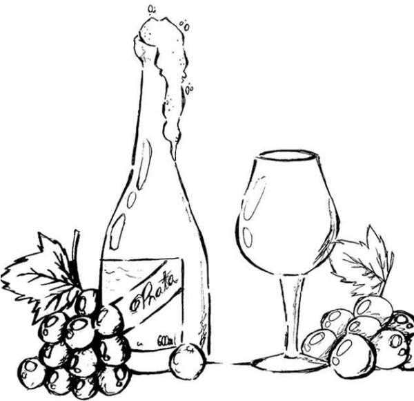 Бокал вина и бутылка набросок