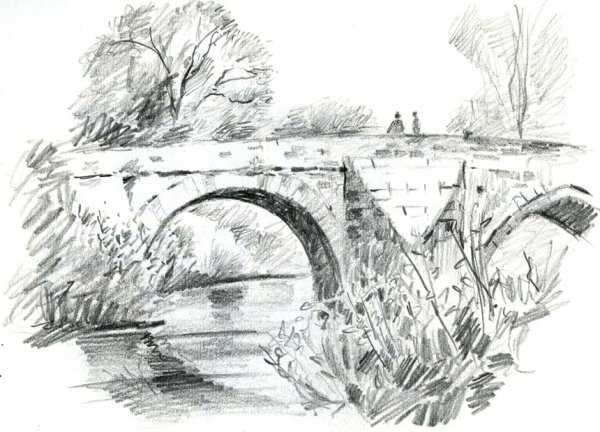 Пейзаж с мостиком карандашом