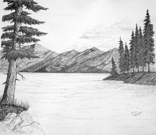 Пейзаж с горами и озером карандашом