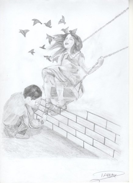 Счастливый рисунок карандашом