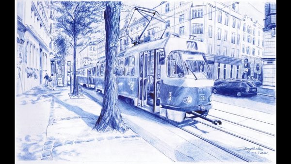 Трамвай арт ручкой