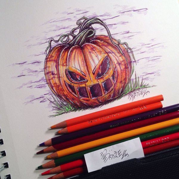 Рисунок тыковки на Хэллоуин карандашом