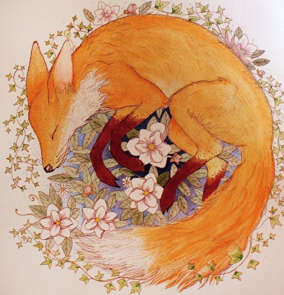 Кицунэ лиса акварель