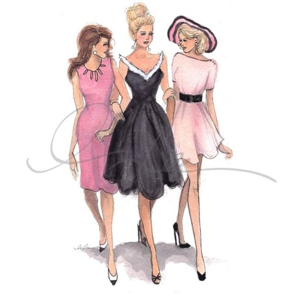 Фэшн иллюстрации подруги в летних платьях