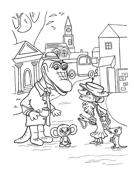 Чебурашка и крокодил Гена Шапокляк раскраска