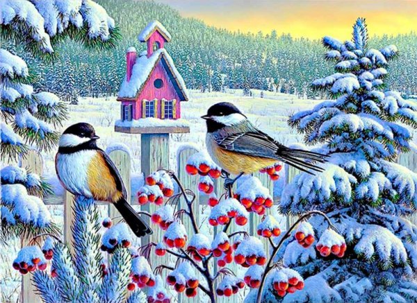 Ребенок и кормушка живопись