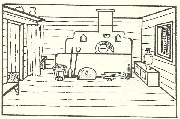 Эскиз интерьера русской избы