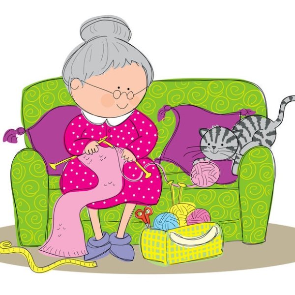 Бабушка вяжет в кресле