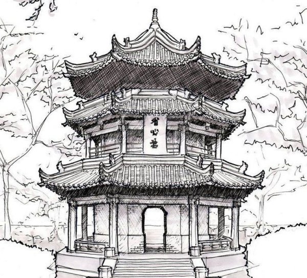 Китайские домики карандашом