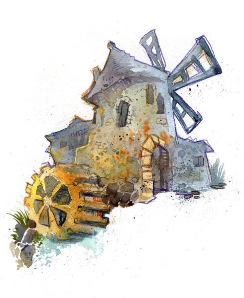 Водяная мельница акварелью