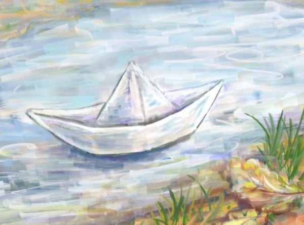 Бумажный кораблик на речке